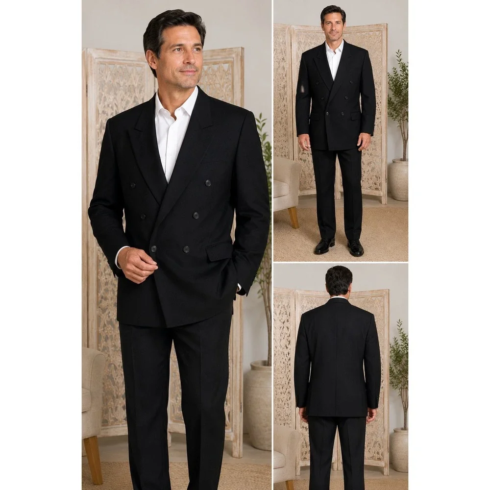 Stafford American Craftsmen Mens 42R Black DoubleBreasted Suit Jacket Wool Blend